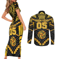 Custom Polynesia Beach Volleyball Couples Matching Short Sleeve Bodycon Dress and Long Sleeve Button Shirt Gold Polynesian Tribal Pattern - Polynesian Pride