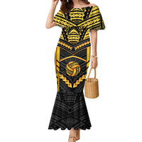 Custom Polynesia Beach Volleyball Family Matching Mermaid Dress and Hawaiian Shirt Gold Polynesian Tribal Pattern - Polynesian Pride