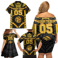 Custom Polynesia Beach Volleyball Family Matching Off Shoulder Short Dress and Hawaiian Shirt Gold Polynesian Tribal Pattern - Polynesian Pride