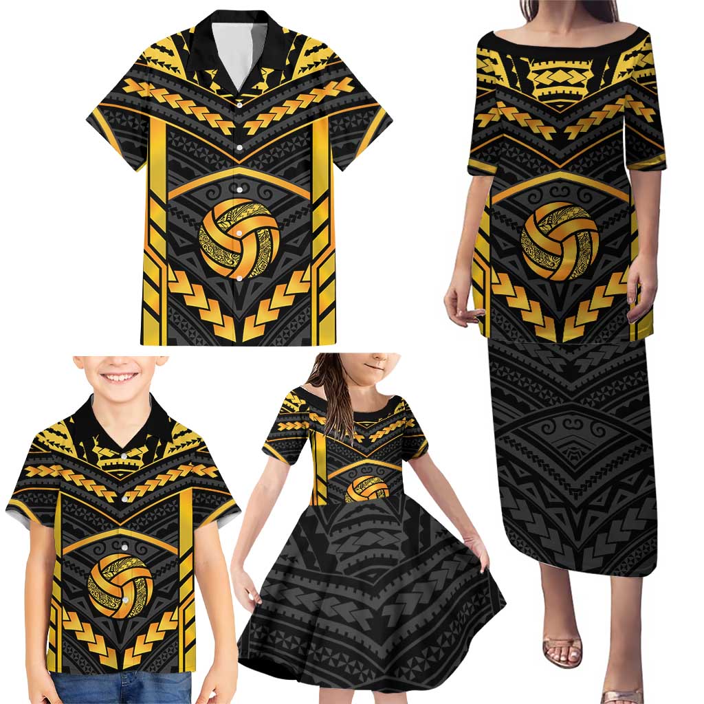 Custom Polynesia Beach Volleyball Family Matching Puletasi and Hawaiian Shirt Gold Polynesian Tribal Pattern - Polynesian Pride