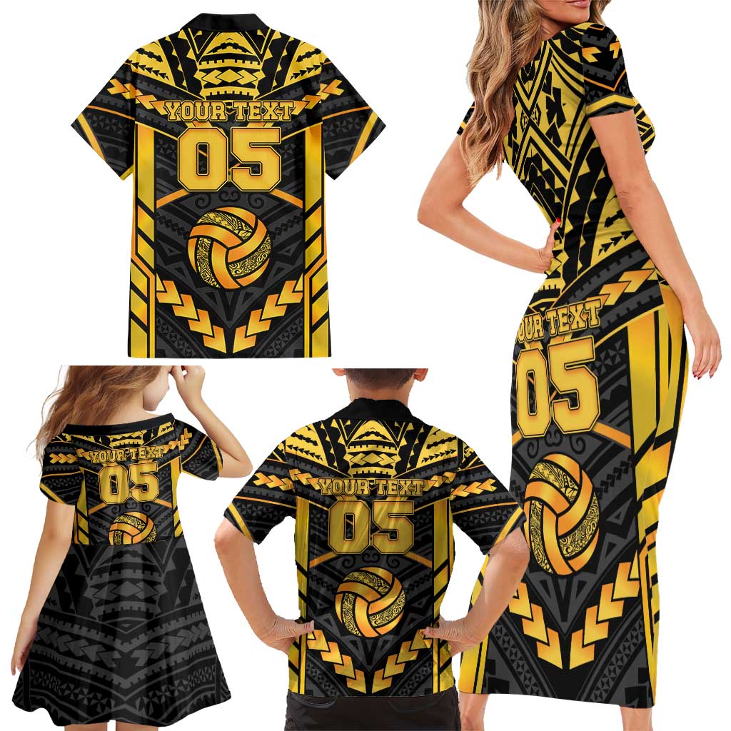 Custom Polynesia Beach Volleyball Family Matching Short Sleeve Bodycon Dress and Hawaiian Shirt Gold Polynesian Tribal Pattern - Polynesian Pride