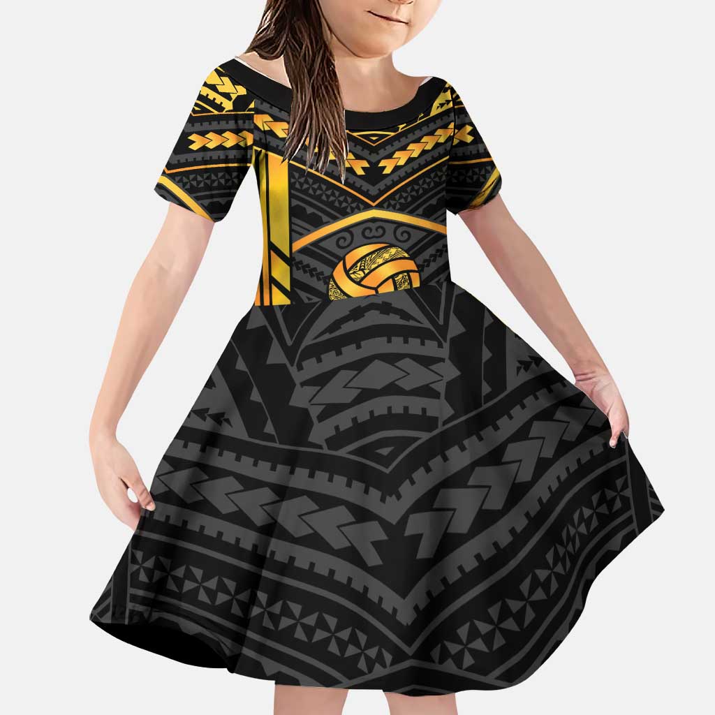 Custom Polynesia Beach Volleyball Family Matching Tank Maxi Dress and Hawaiian Shirt Gold Polynesian Tribal Pattern LT05 Daughter's Dress Gold - Polynesian Pride