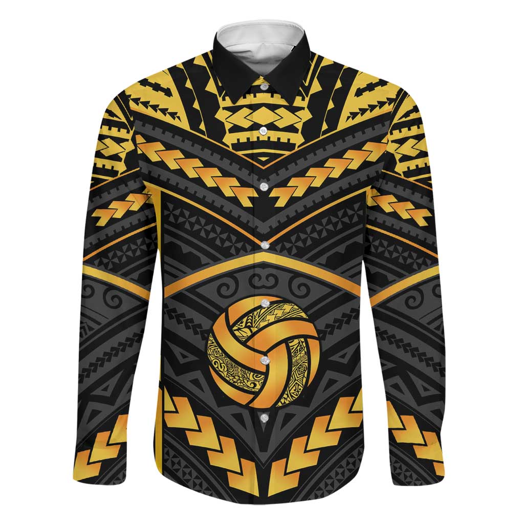 Custom Polynesia Beach Volleyball Family Matching Tank Maxi Dress and Hawaiian Shirt Gold Polynesian Tribal Pattern LT05 Dad's Shirt - Long Sleeve Gold - Polynesian Pride