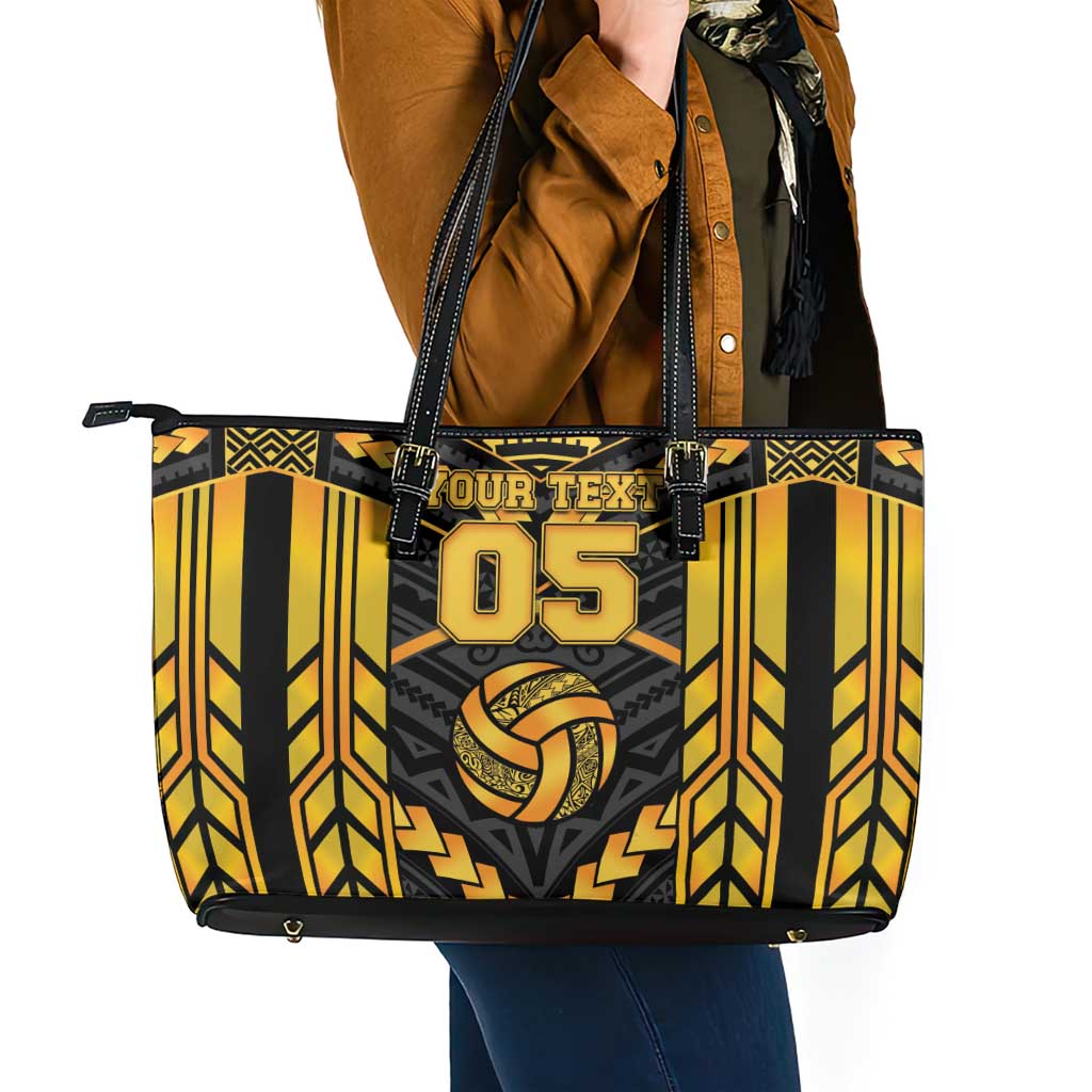 Custom Polynesia Beach Volleyball Leather Tote Bag Gold Polynesian Tribal Pattern - Polynesian Pride