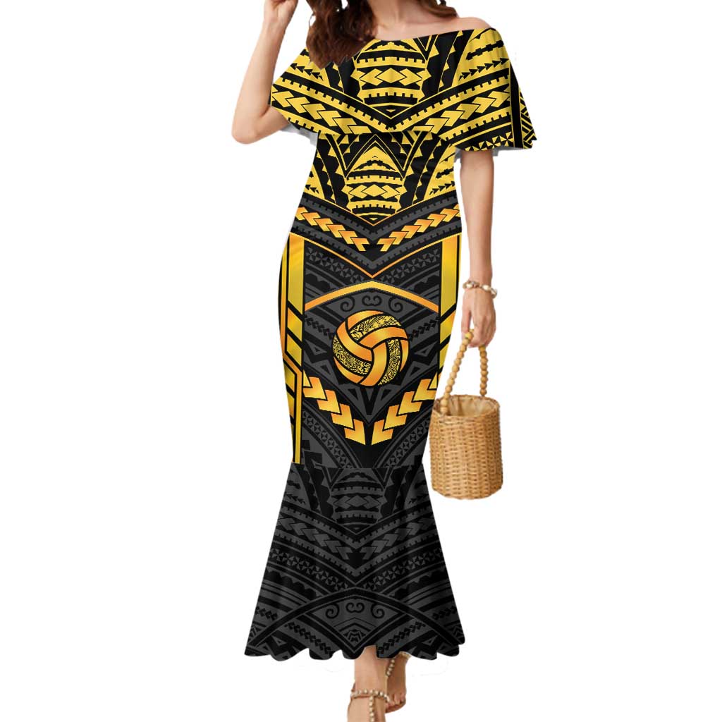 Custom Polynesia Beach Volleyball Mermaid Dress Gold Polynesian Tribal Pattern - Polynesian Pride