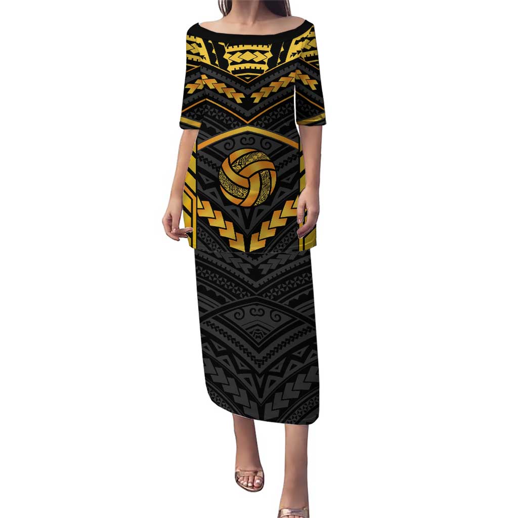 Custom Polynesia Beach Volleyball Puletasi Gold Polynesian Tribal Pattern - Polynesian Pride
