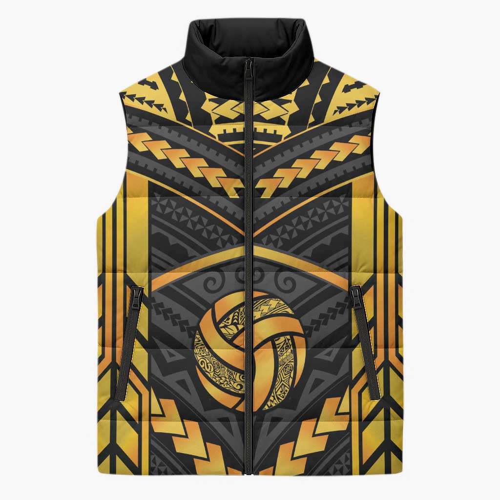 Custom Polynesia Beach Volleyball Sleeveless Puffer Jacket Gold Polynesian Tribal Pattern - Polynesian Pride