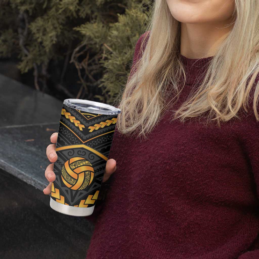 Custom Polynesia Beach Volleyball Tumbler Cup Gold Polynesian Tribal Pattern - Polynesian Pride
