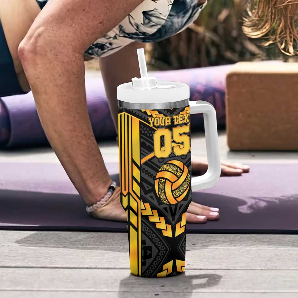 Custom Polynesia Beach Volleyball Tumbler With Handle Gold Polynesian Tribal Pattern - Polynesian Pride