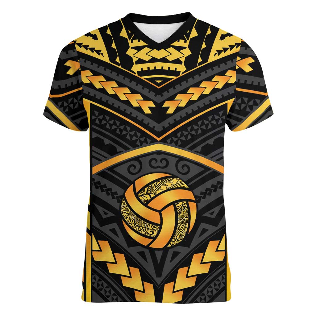 Custom Polynesia Beach Volleyball Women V-Neck T-Shirt Gold Polynesian Tribal Pattern - Polynesian Pride