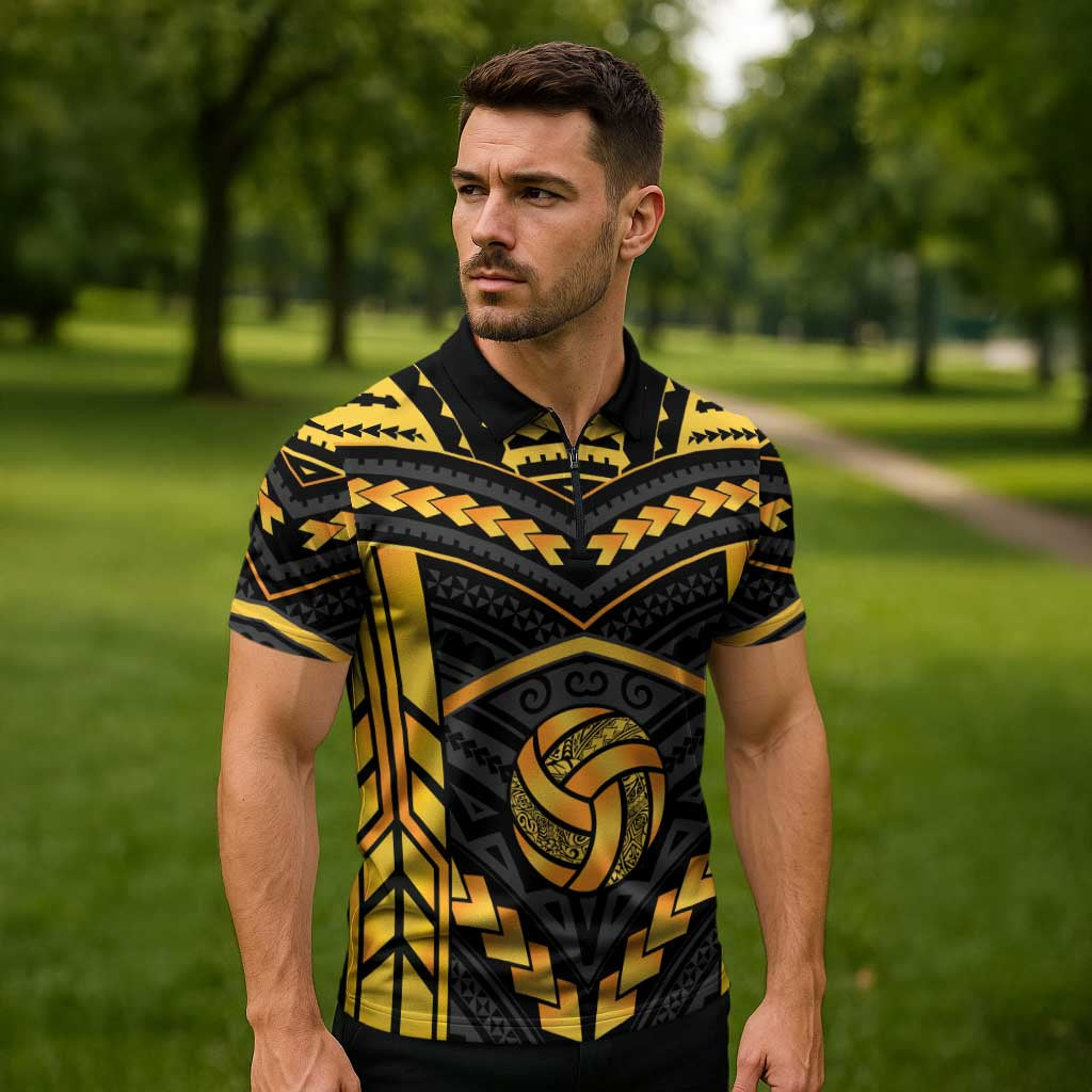 Custom Polynesia Beach Volleyball Zipper Polo Shirt Gold Polynesian Tribal Pattern - Polynesian Pride