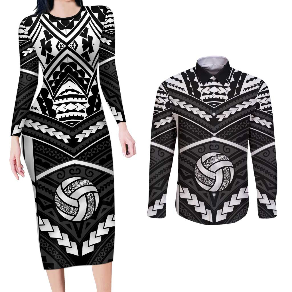 Custom Polynesia Beach Volleyball Couples Matching Long Sleeve Bodycon Dress and Long Sleeve Button Shirt Polynesian Tribal Pattern - Polynesian Pride