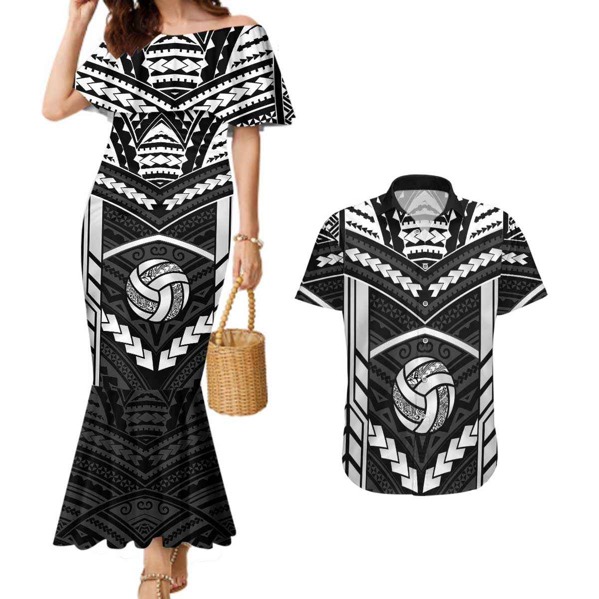 Custom Polynesia Beach Volleyball Couples Matching Mermaid Dress and Hawaiian Shirt Polynesian Tribal Pattern - Polynesian Pride