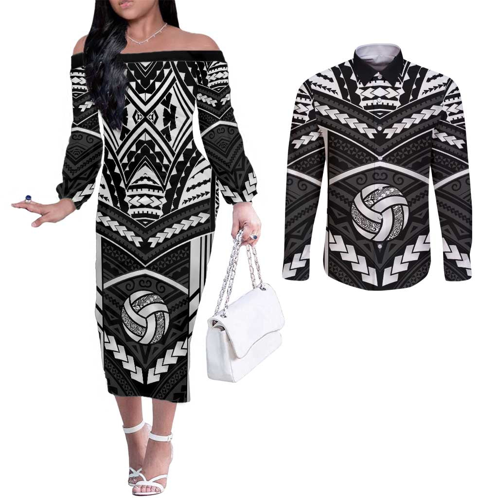 Custom Polynesia Beach Volleyball Couples Matching Off The Shoulder Long Sleeve Dress and Long Sleeve Button Shirt Polynesian Tribal Pattern - Polynesian Pride
