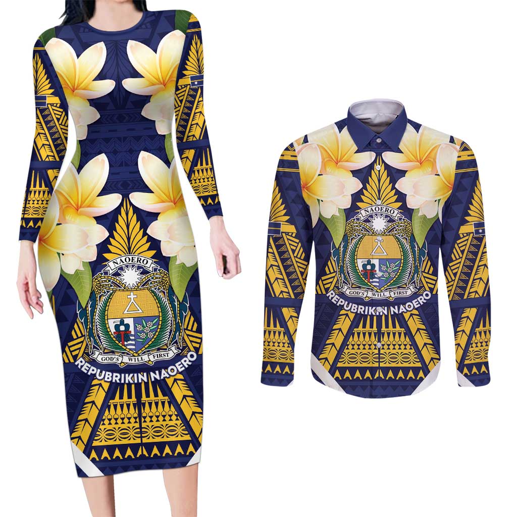 Personalised Nauru Independence Day Couples Matching Long Sleeve Bodycon Dress and Long Sleeve Button Shirt Coat Of Arms With Plumeria LT05 Navy - Polynesian Pride