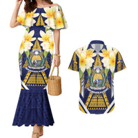 Personalised Nauru Independence Day Couples Matching Mermaid Dress and Hawaiian Shirt Coat Of Arms With Plumeria LT05 Navy - Polynesian Pride