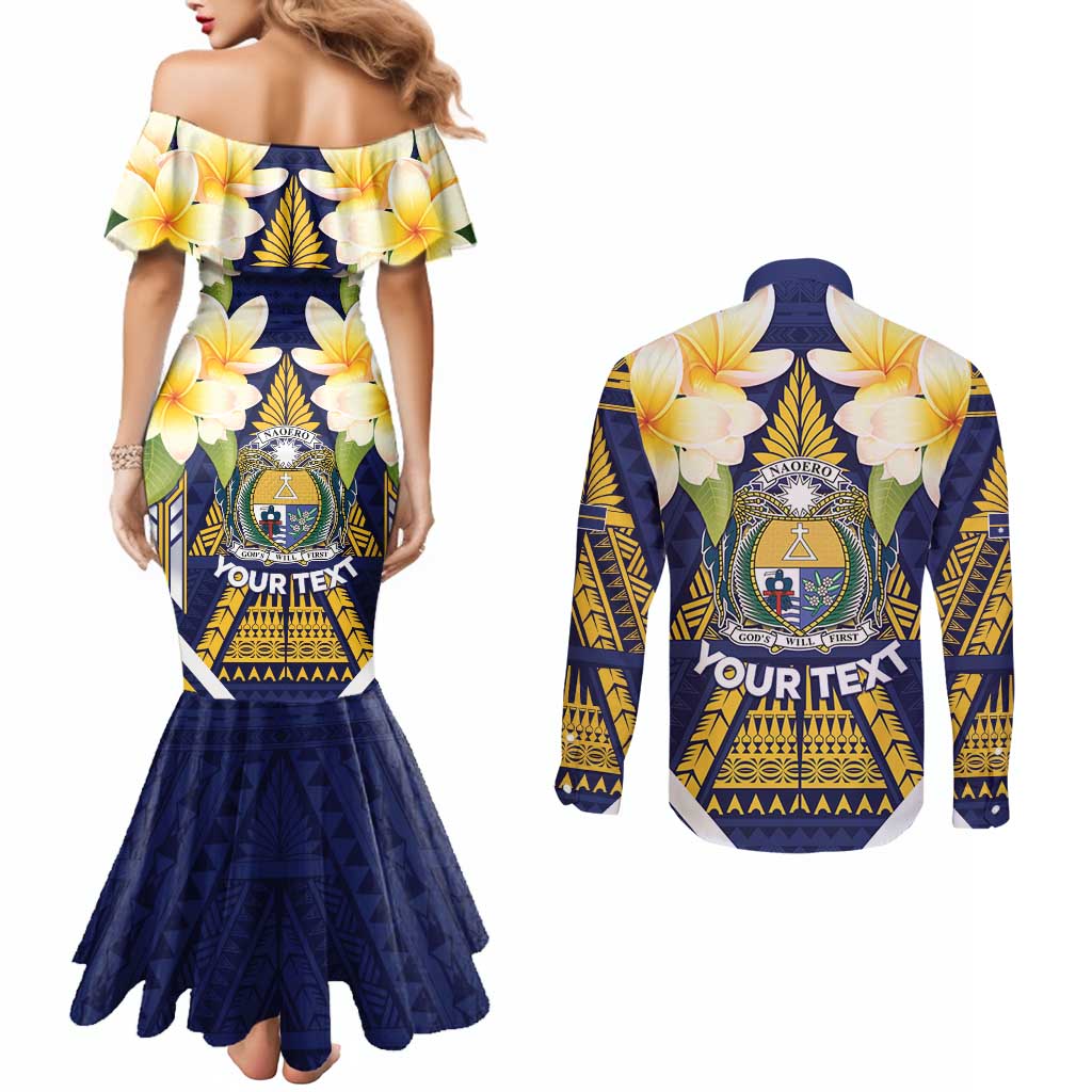 Personalised Nauru Independence Day Couples Matching Mermaid Dress and Long Sleeve Button Shirt Coat Of Arms With Plumeria LT05 - Polynesian Pride
