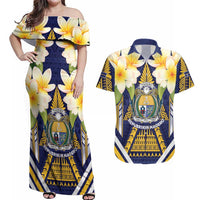 Personalised Nauru Independence Day Couples Matching Off Shoulder Maxi Dress and Hawaiian Shirt Coat Of Arms With Plumeria LT05 Navy - Polynesian Pride