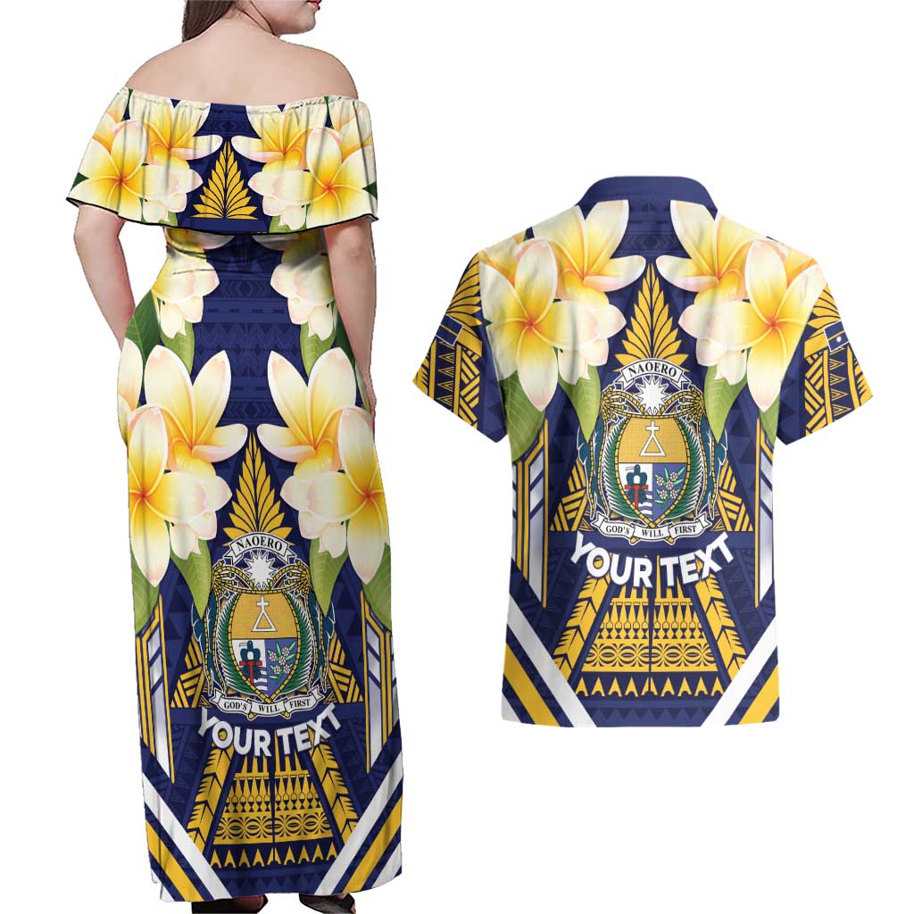 Personalised Nauru Independence Day Couples Matching Off Shoulder Maxi Dress and Hawaiian Shirt Coat Of Arms With Plumeria LT05 - Polynesian Pride