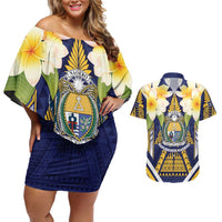 Personalised Nauru Independence Day Couples Matching Off Shoulder Short Dress and Hawaiian Shirt Coat Of Arms With Plumeria LT05 Navy - Polynesian Pride