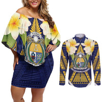 Personalised Nauru Independence Day Couples Matching Off Shoulder Short Dress and Long Sleeve Button Shirt Coat Of Arms With Plumeria LT05 Navy - Polynesian Pride