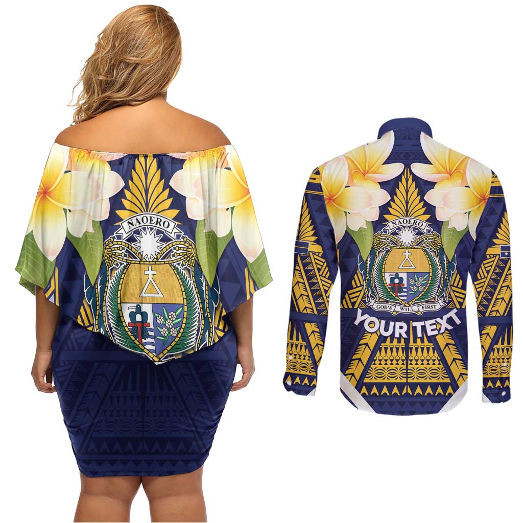 Personalised Nauru Independence Day Couples Matching Off Shoulder Short Dress and Long Sleeve Button Shirt Coat Of Arms With Plumeria LT05 - Polynesian Pride