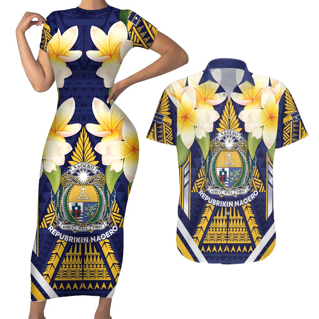 Personalised Nauru Independence Day Couples Matching Short Sleeve Bodycon Dress and Hawaiian Shirt Coat Of Arms With Plumeria LT05 Navy - Polynesian Pride