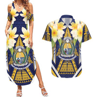 Personalised Nauru Independence Day Couples Matching Summer Maxi Dress and Hawaiian Shirt Coat Of Arms With Plumeria LT05 Navy - Polynesian Pride