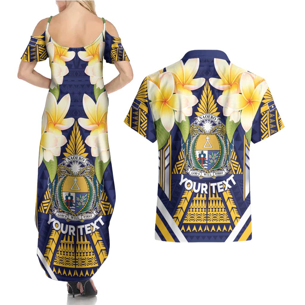 Personalised Nauru Independence Day Couples Matching Summer Maxi Dress and Hawaiian Shirt Coat Of Arms With Plumeria LT05 - Polynesian Pride