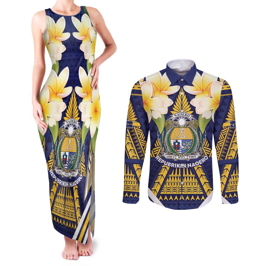 Personalised Nauru Independence Day Couples Matching Tank Maxi Dress and Long Sleeve Button Shirt Coat Of Arms With Plumeria LT05 Navy - Polynesian Pride