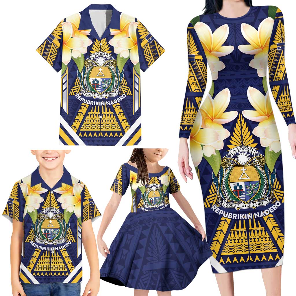 Personalised Nauru Independence Day Family Matching Long Sleeve Bodycon Dress and Hawaiian Shirt Coat Of Arms With Plumeria LT05 - Polynesian Pride