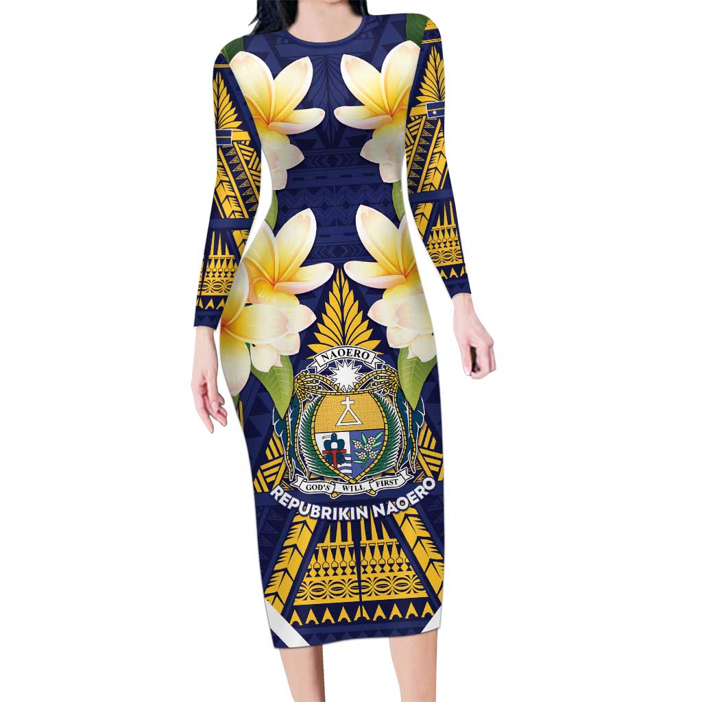 Personalised Nauru Independence Day Family Matching Long Sleeve Bodycon Dress and Hawaiian Shirt Coat Of Arms With Plumeria LT05 Mom's Dress Navy - Polynesian Pride