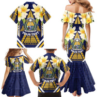 Personalised Nauru Independence Day Family Matching Mermaid Dress and Hawaiian Shirt Coat Of Arms With Plumeria LT05 - Polynesian Pride