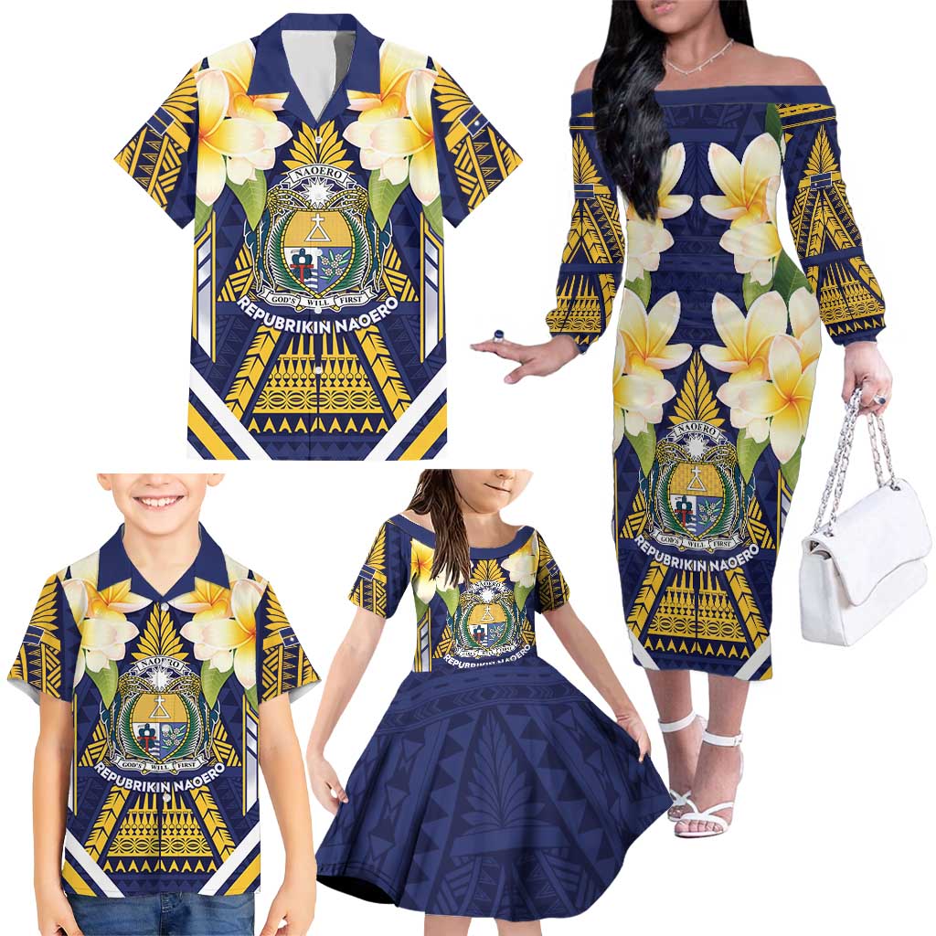 Personalised Nauru Independence Day Family Matching Off The Shoulder Long Sleeve Dress and Hawaiian Shirt Coat Of Arms With Plumeria LT05 - Polynesian Pride