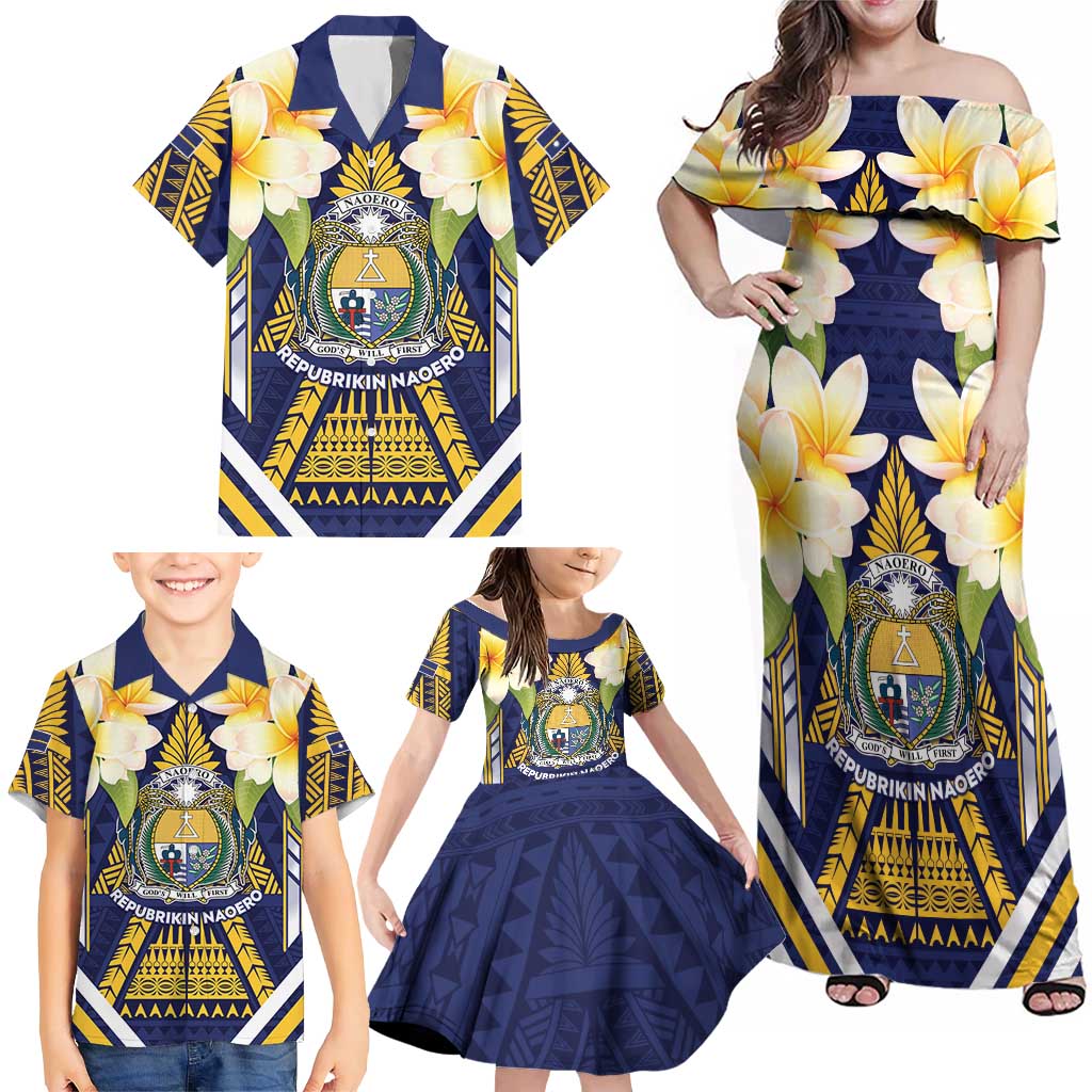 Personalised Nauru Independence Day Family Matching Off Shoulder Maxi Dress and Hawaiian Shirt Coat Of Arms With Plumeria LT05 - Polynesian Pride