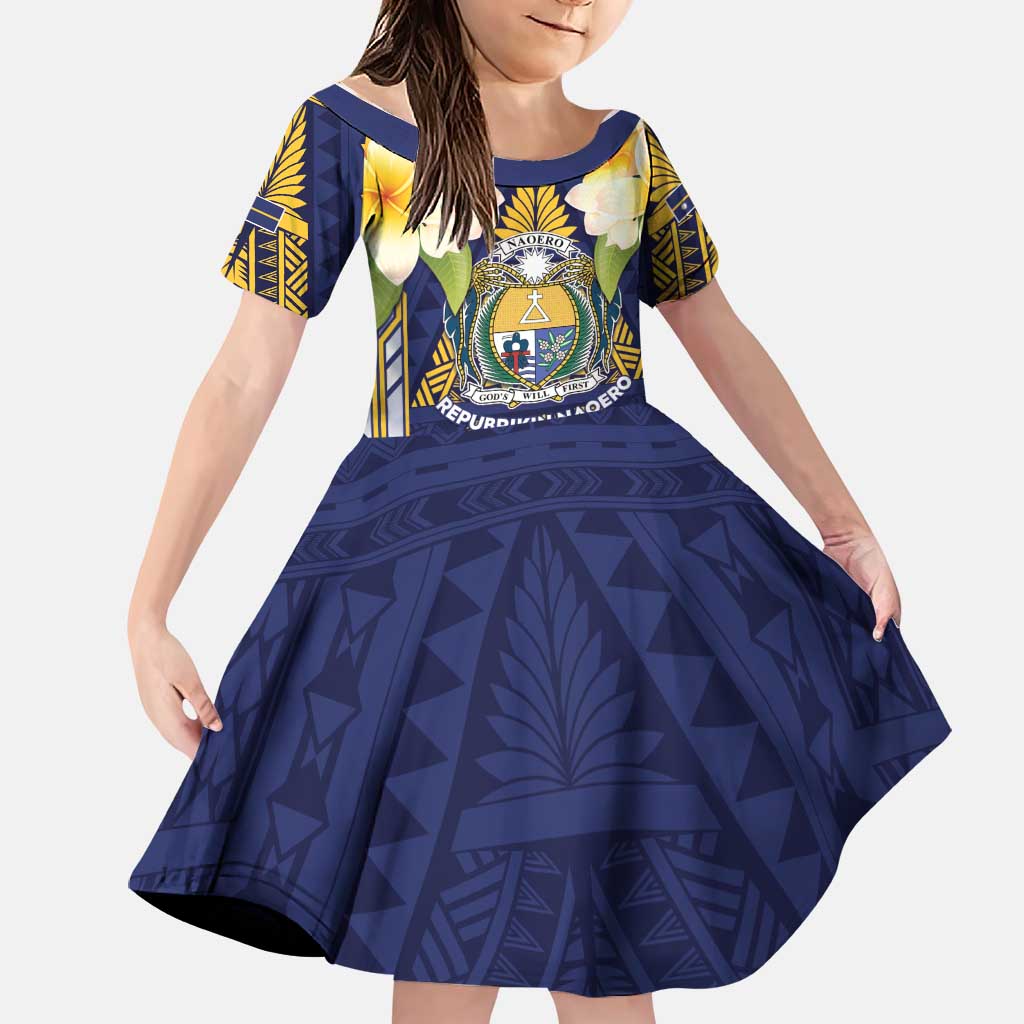 Personalised Nauru Independence Day Family Matching Off Shoulder Short Dress and Hawaiian Shirt Coat Of Arms With Plumeria LT05 Daughter's Dress Navy - Polynesian Pride