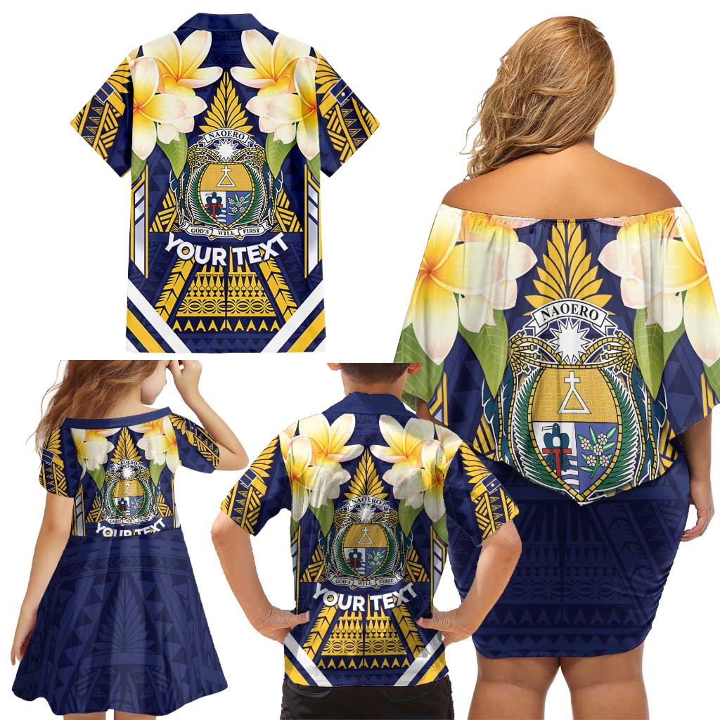Personalised Nauru Independence Day Family Matching Off Shoulder Short Dress and Hawaiian Shirt Coat Of Arms With Plumeria LT05 - Polynesian Pride