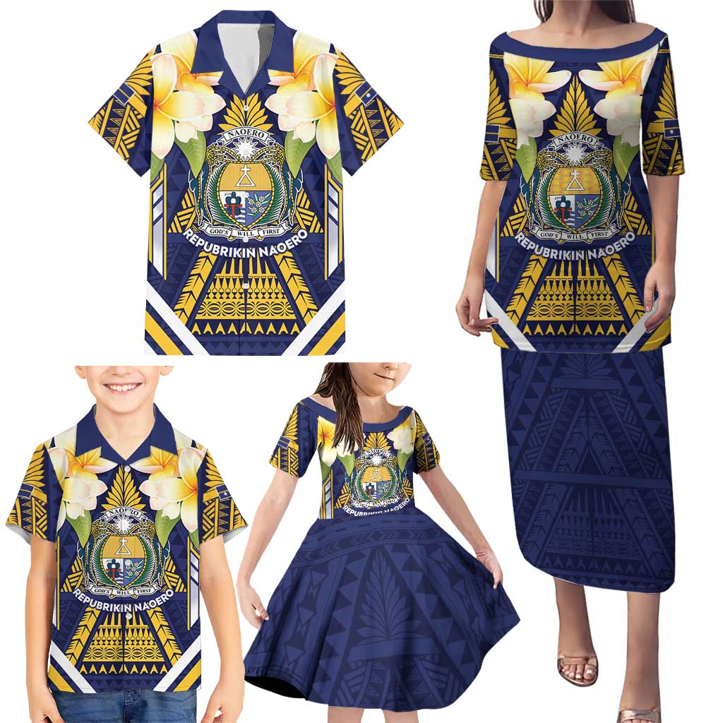 Personalised Nauru Independence Day Family Matching Puletasi and Hawaiian Shirt Coat Of Arms With Plumeria LT05 - Polynesian Pride