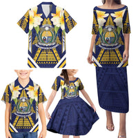 Personalised Nauru Independence Day Family Matching Puletasi and Hawaiian Shirt Coat Of Arms With Plumeria LT05 - Polynesian Pride