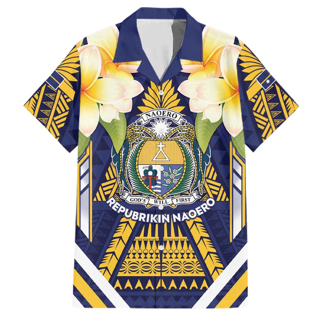 Personalised Nauru Independence Day Family Matching Puletasi and Hawaiian Shirt Coat Of Arms With Plumeria LT05 Dad's Shirt - Short Sleeve Navy - Polynesian Pride