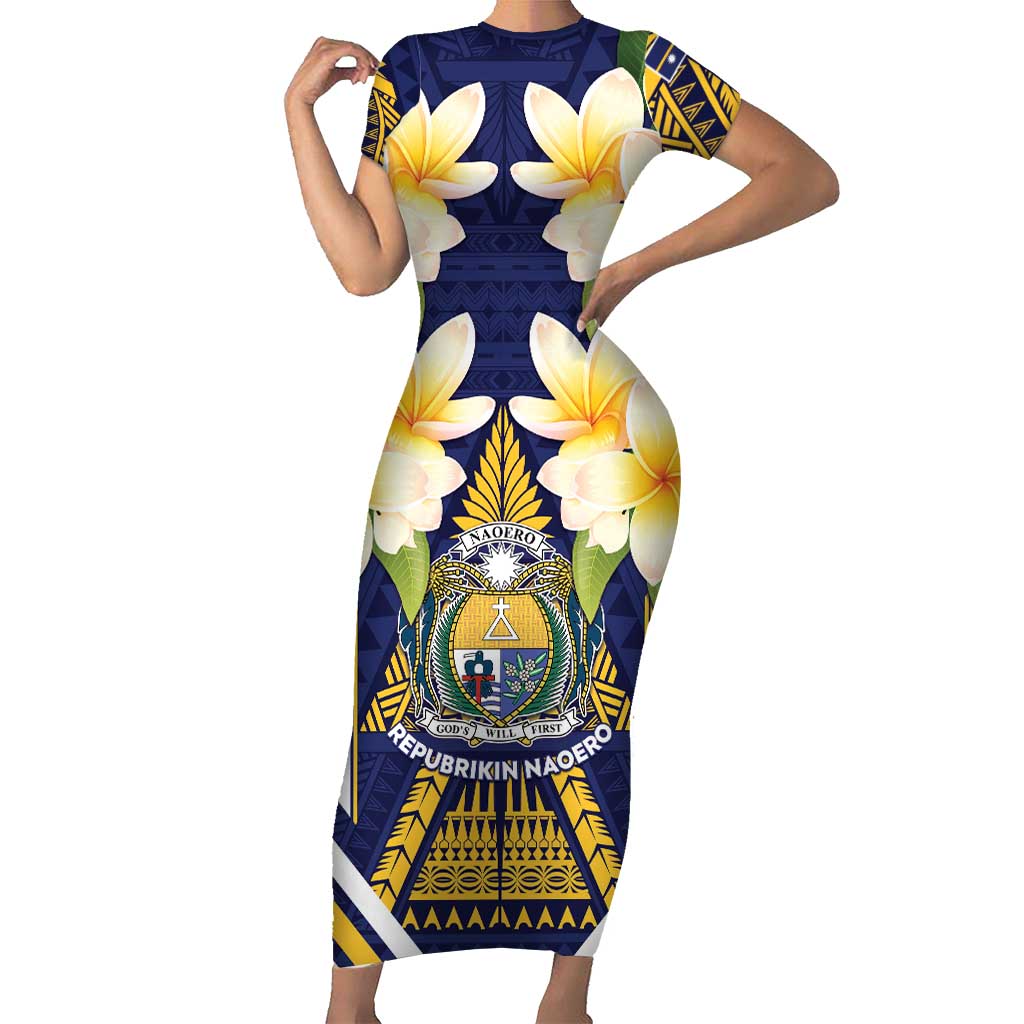 Personalised Nauru Independence Day Family Matching Short Sleeve Bodycon Dress and Hawaiian Shirt Coat Of Arms With Plumeria LT05 Mom's Dress Navy - Polynesian Pride