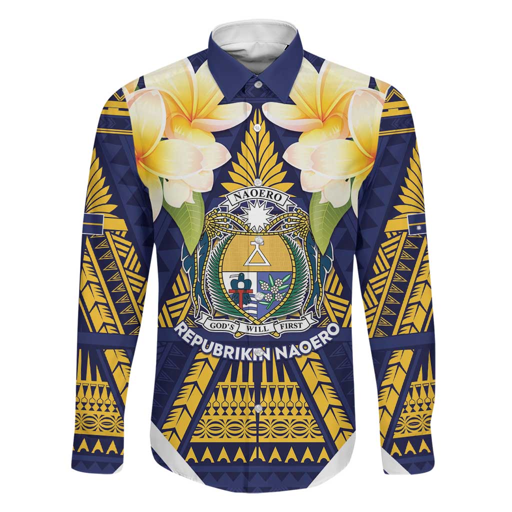 Personalised Nauru Independence Day Family Matching Summer Maxi Dress and Hawaiian Shirt Coat Of Arms With Plumeria LT05 Dad's Shirt - Long Sleeve Navy - Polynesian Pride