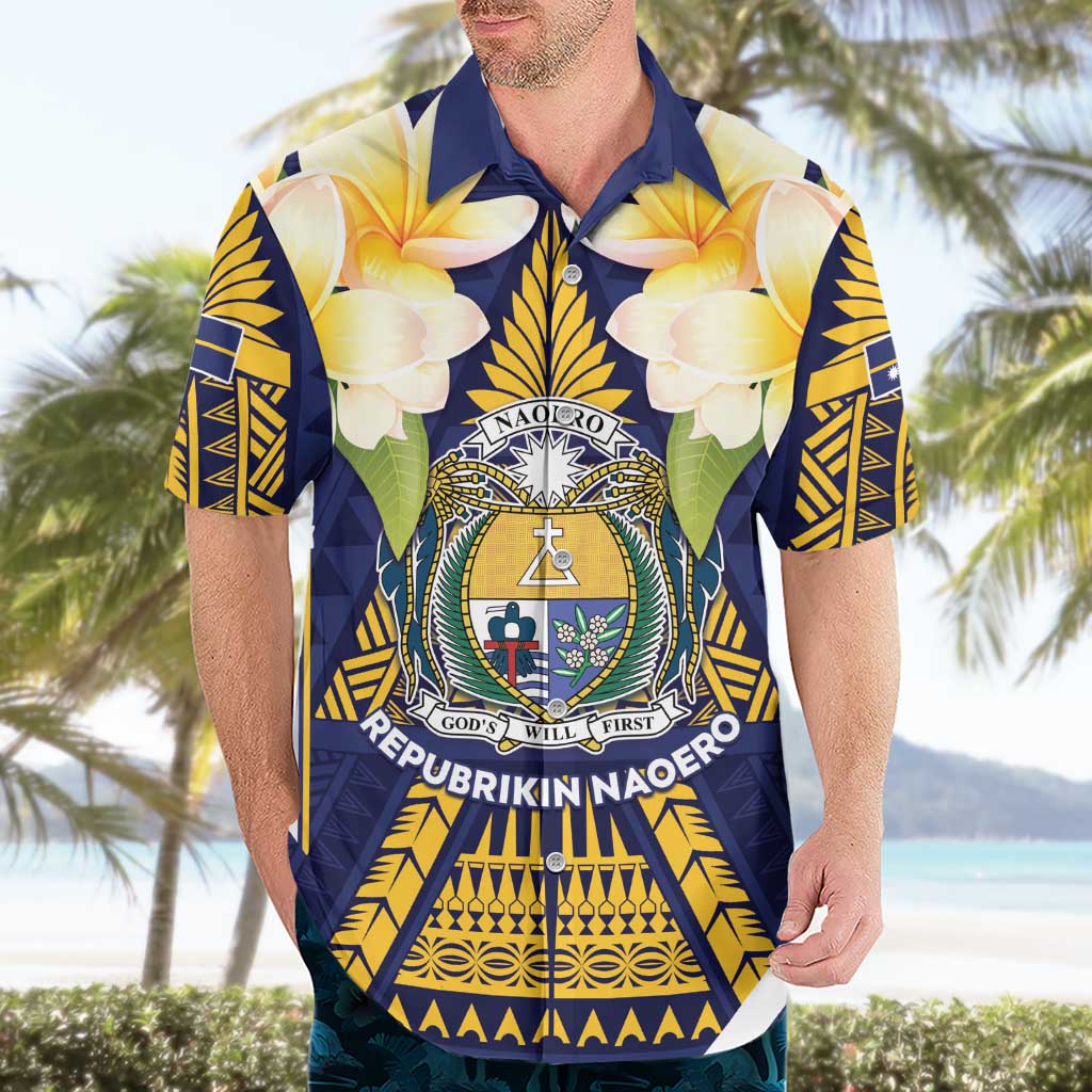 Personalised Nauru Independence Day Hawaiian Shirt Coat Of Arms With Plumeria - Polynesian Pride