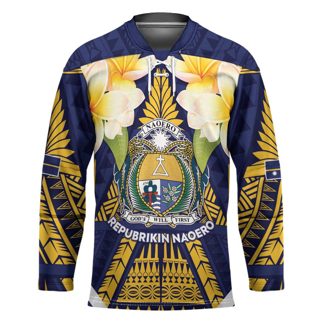 Personalised Nauru Independence Day Hockey Jersey Coat Of Arms With Plumeria - Polynesian Pride
