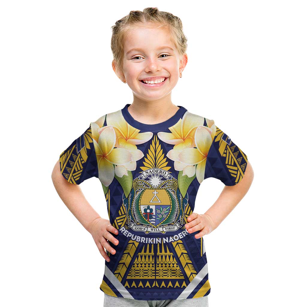 Personalised Nauru Independence Day Kid T Shirt Coat Of Arms With Plumeria - Polynesian Pride