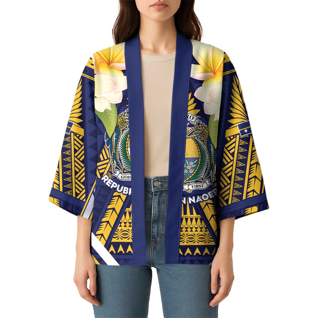 Personalised Nauru Independence Day Kimono Coat Of Arms With Plumeria - Polynesian Pride