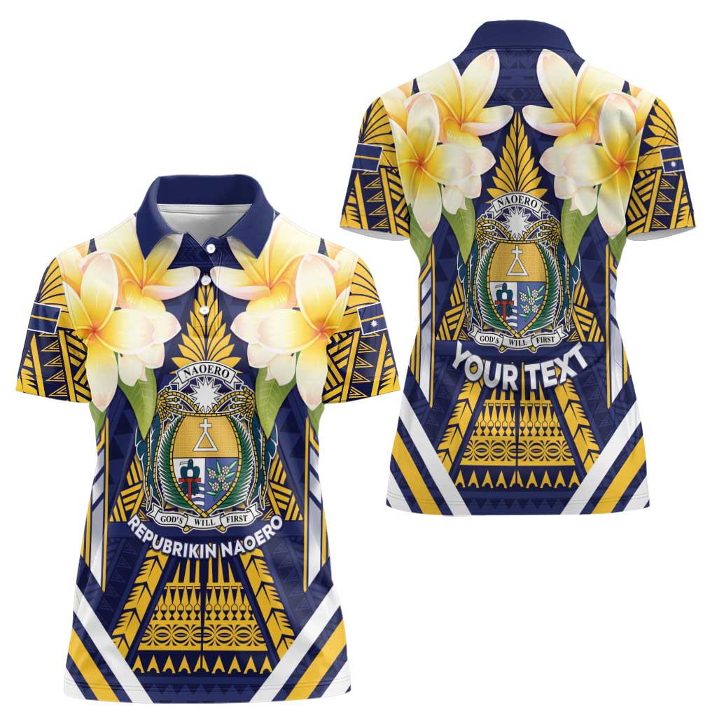 Personalised Nauru Independence Day Women Polo Shirt Coat Of Arms With Plumeria - Polynesian Pride