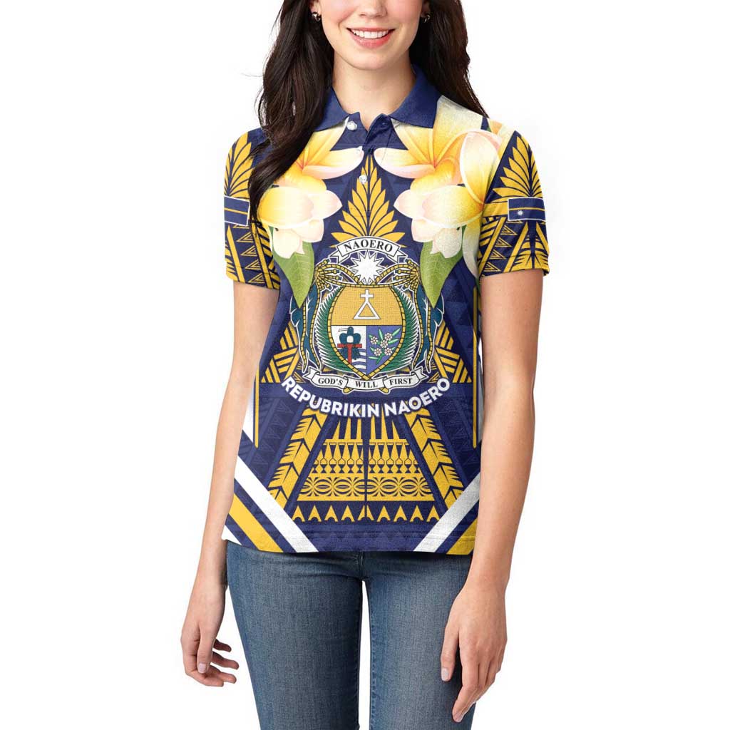 Personalised Nauru Independence Day Women Polo Shirt Coat Of Arms With Plumeria - Polynesian Pride