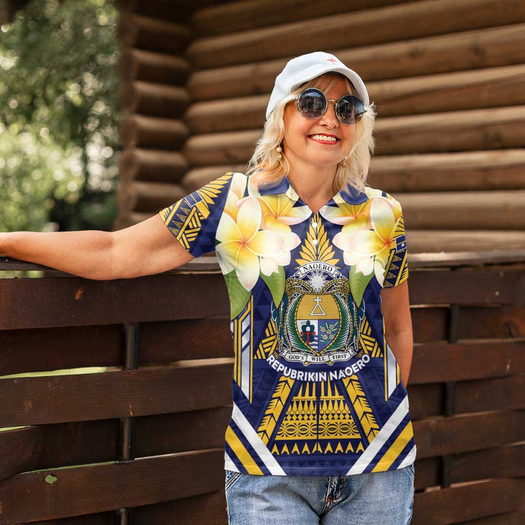 Personalised Nauru Independence Day Women Polo Shirt Coat Of Arms With Plumeria - Polynesian Pride