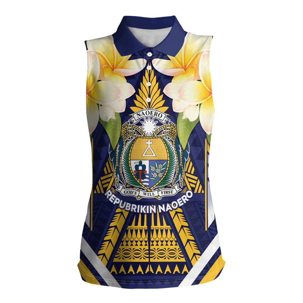 Personalised Nauru Independence Day Women Sleeveless Polo Shirt Coat Of Arms With Plumeria LT05 Female Navy - Polynesian Pride